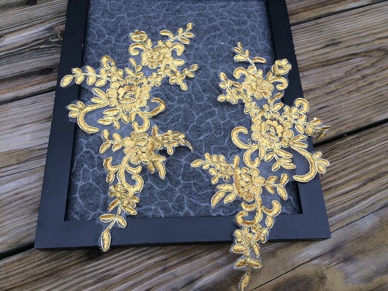 lynncollection A110 TWO Pairs Gold Color Lace Appliques Wedding Applique  Lace Appliques  Embroidered Appliques - Image 2